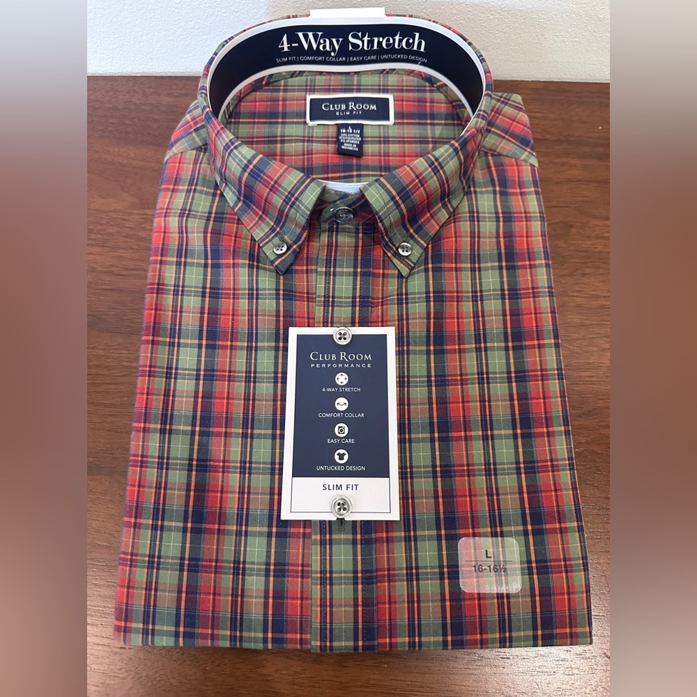 Club Room Men's Slim Fit 4-Way Stretch Plaid Dress Shirt size L or 16 - 16 1/2